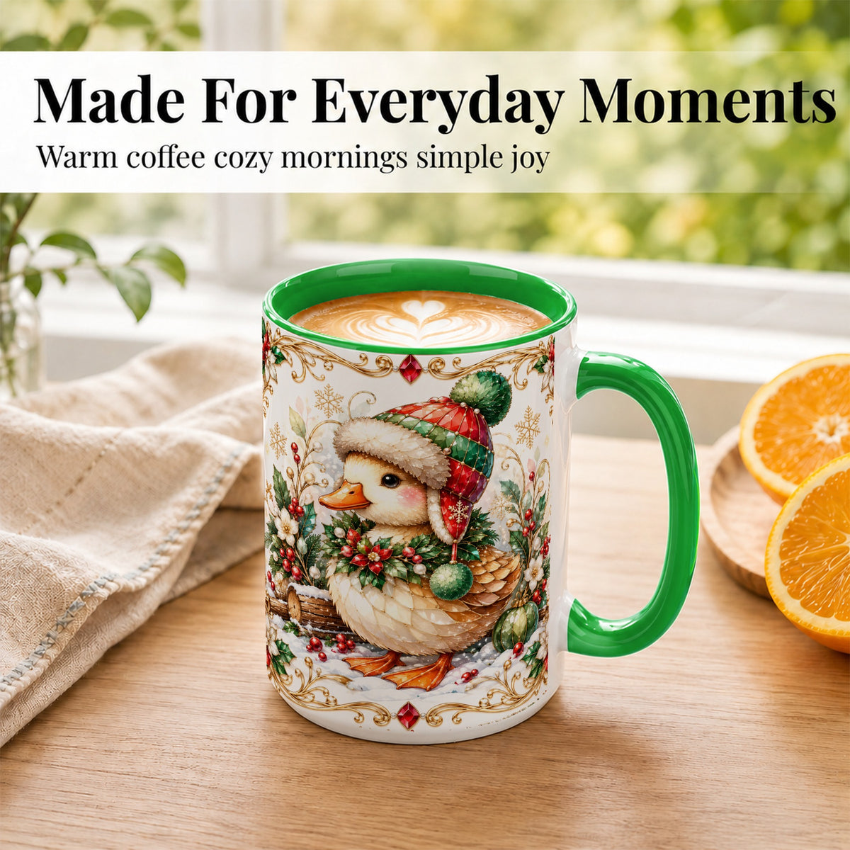 #pl[15oz|Green] Christmas Duck Coffee Mug, Jeweled Winter Duck Mug, Ceramic Cup