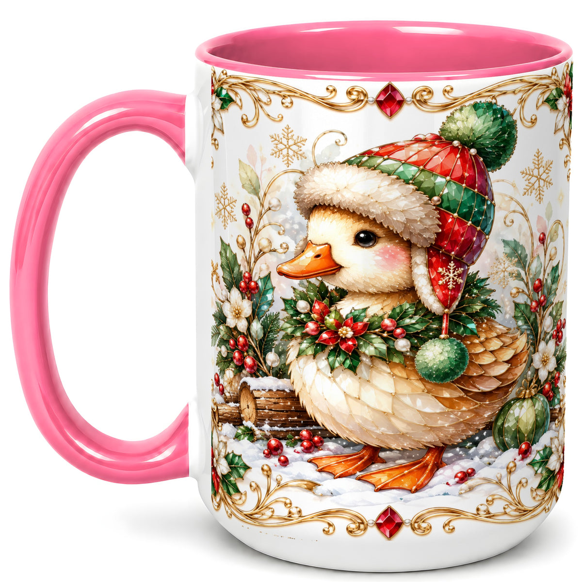 #pl[15oz|Pink] Christmas Duck Coffee Mug, Jeweled Winter Duck Mug, Ceramic Cup