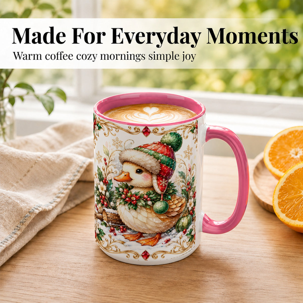 #pl[15oz|Pink] Christmas Duck Coffee Mug, Jeweled Winter Duck Mug, Ceramic Cup