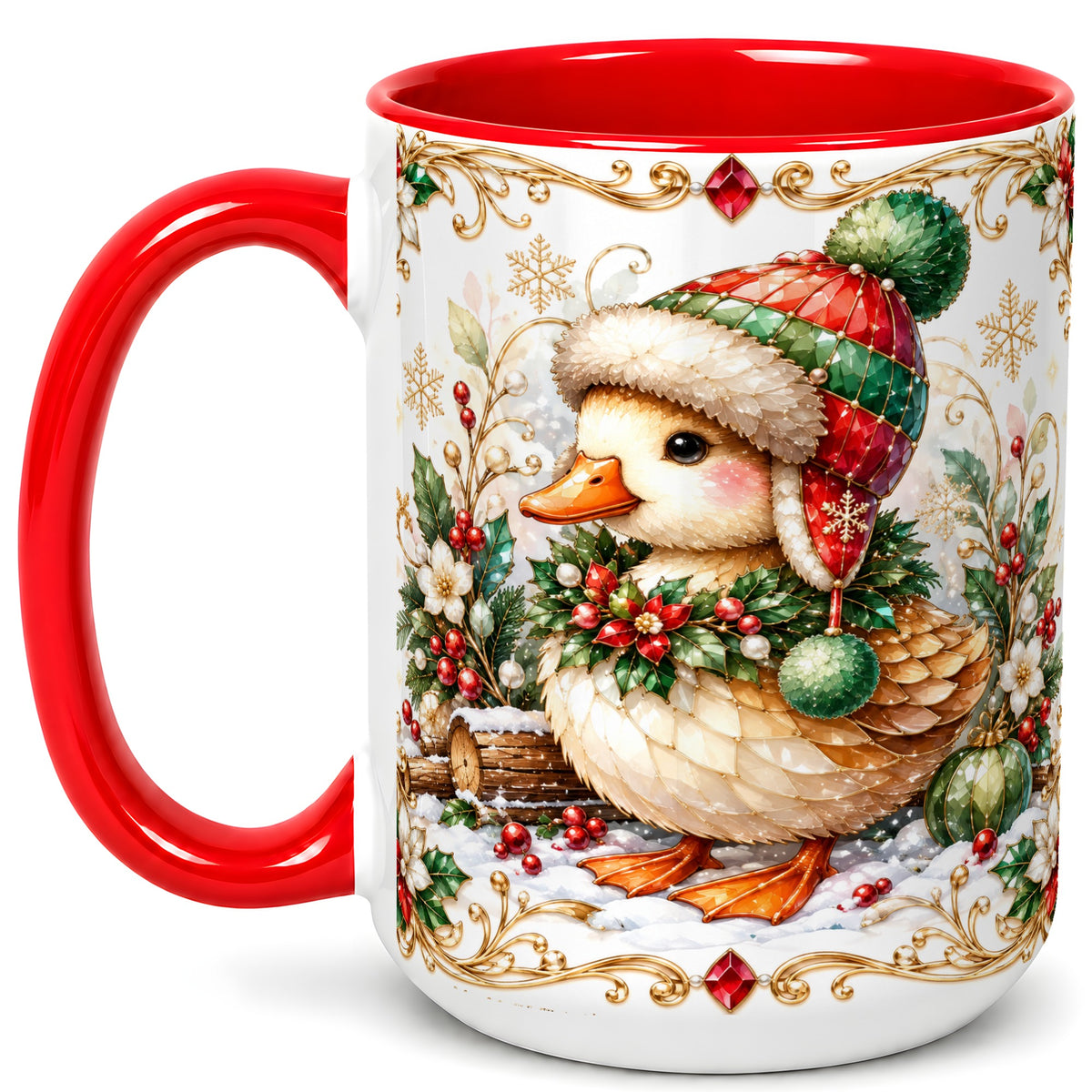 #pl[15oz|Red] Christmas Duck Coffee Mug, Jeweled Winter Duck Mug, Ceramic Cup