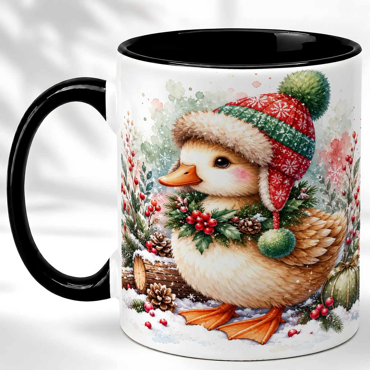 #pl[11oz|Black] Christmas Duck Coffee Mug, Watercolor Winter Duck Mug, Ceramic Cup