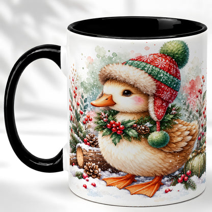 #pl[11oz|Black] Christmas Duck Coffee Mug, Watercolor Winter Duck Mug, Ceramic Cup