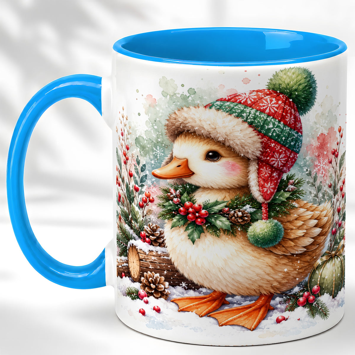 #pl[11oz|Blue] Christmas Duck Coffee Mug, Watercolor Winter Duck Mug, Ceramic Cup
