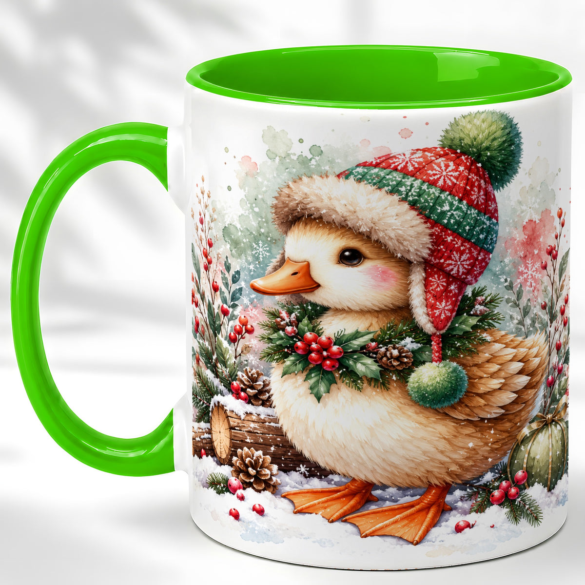 #pl[11oz|Green] Christmas Duck Coffee Mug, Watercolor Winter Duck Mug, Ceramic Cup