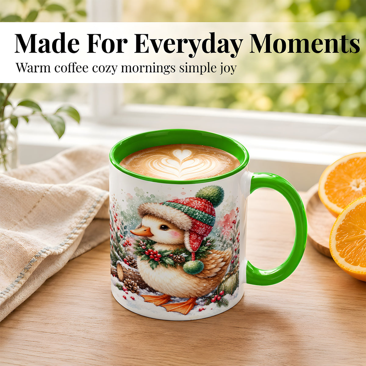 #pl[11oz|Green] Christmas Duck Coffee Mug, Watercolor Winter Duck Mug, Ceramic Cup
