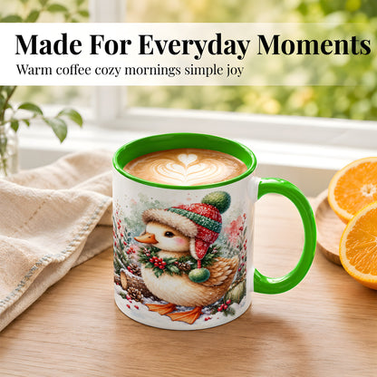 #pl[11oz|Green] Christmas Duck Coffee Mug, Watercolor Winter Duck Mug, Ceramic Cup