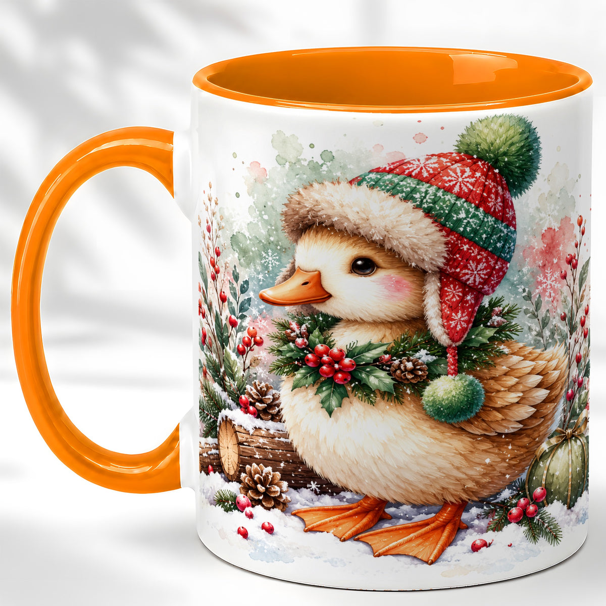 #pl[11oz|Orange] Christmas Duck Coffee Mug, Watercolor Winter Duck Mug, Ceramic Cup