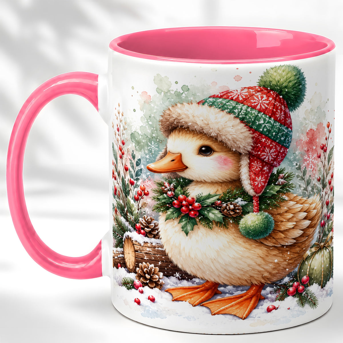 #pl[11oz|Pink] Christmas Duck Coffee Mug, Watercolor Winter Duck Mug, Ceramic Cup
