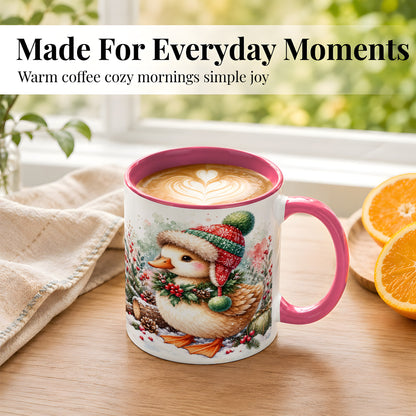 #pl[11oz|Pink] Christmas Duck Coffee Mug, Watercolor Winter Duck Mug, Ceramic Cup
