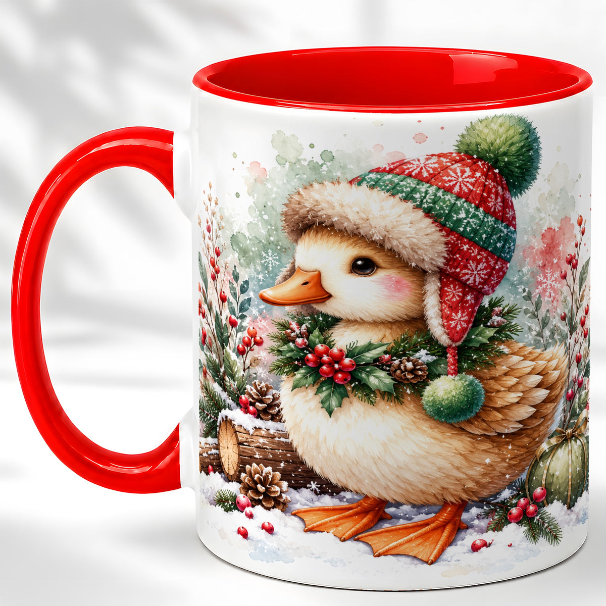 Christmas Duck Coffee Mug, Watercolor Winter Duck Mug, Ceramic Cup