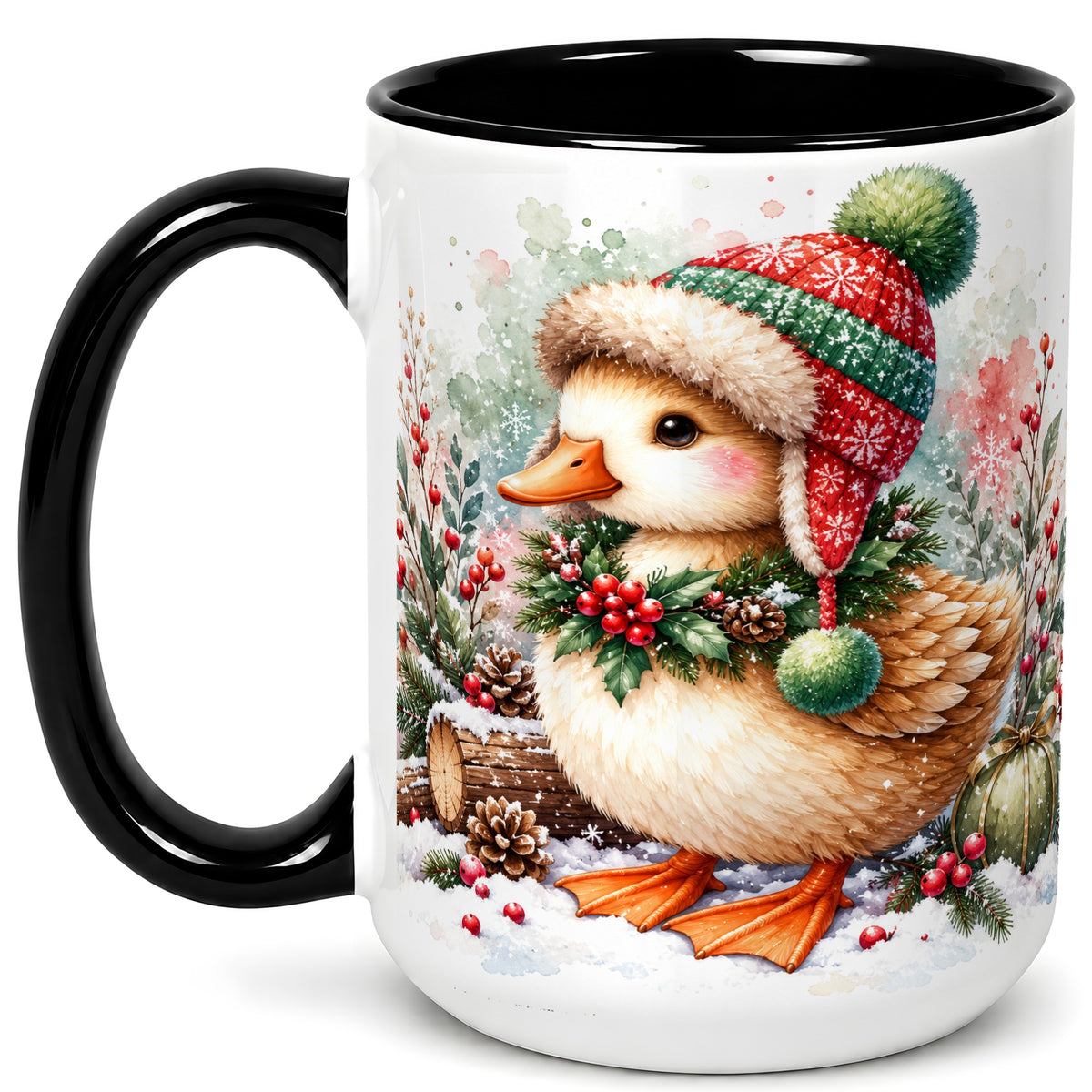 #pl[15oz|Black] Christmas Duck Coffee Mug, Watercolor Winter Duck Mug, Ceramic Cup
