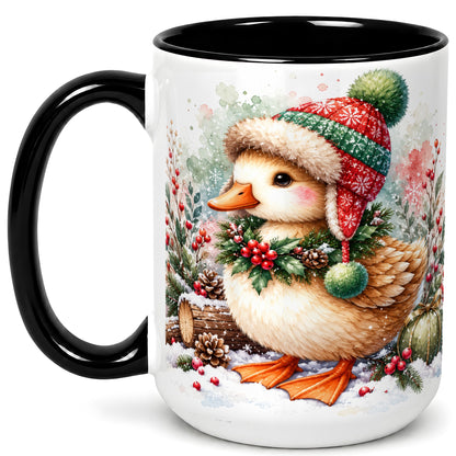 #pl[15oz|Black] Christmas Duck Coffee Mug, Watercolor Winter Duck Mug, Ceramic Cup