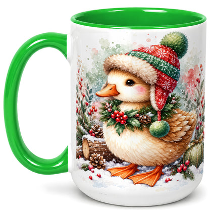 #pl[15oz|Green] Christmas Duck Coffee Mug, Watercolor Winter Duck Mug, Ceramic Cup