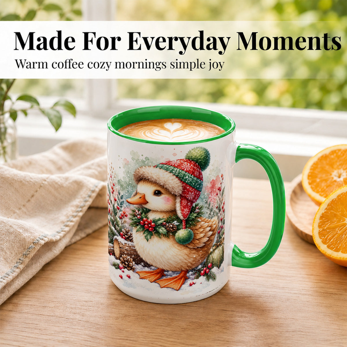 #pl[15oz|Green] Christmas Duck Coffee Mug, Watercolor Winter Duck Mug, Ceramic Cup