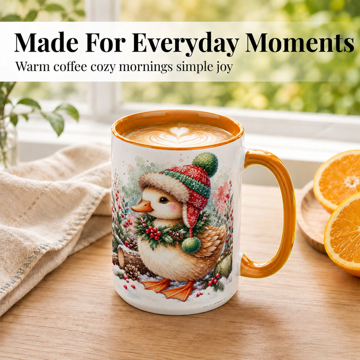 #pl[15oz|Orange] Christmas Duck Coffee Mug, Watercolor Winter Duck Mug, Ceramic Cup