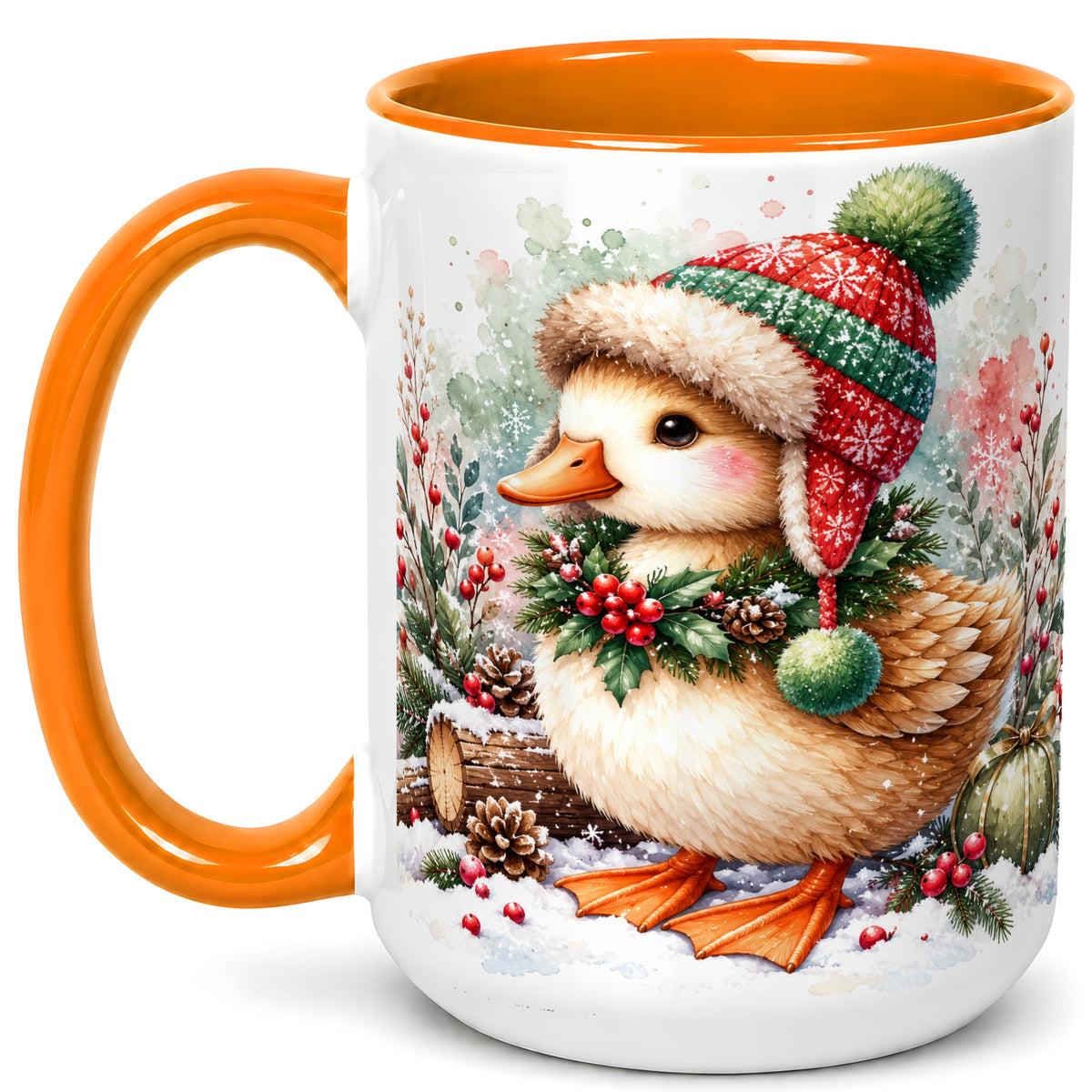 #pl[15oz|Orange] Christmas Duck Coffee Mug, Watercolor Winter Duck Mug, Ceramic Cup