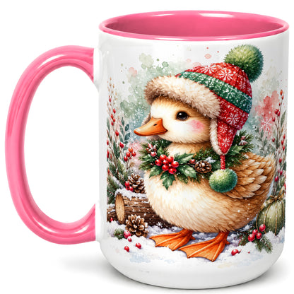#pl[15oz|Pink] Christmas Duck Coffee Mug, Watercolor Winter Duck Mug, Ceramic Cup