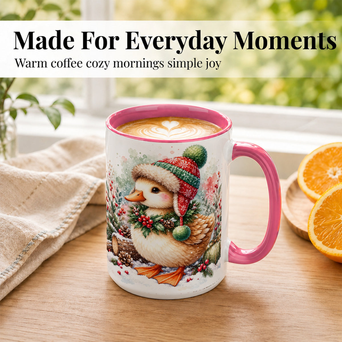 #pl[15oz|Pink] Christmas Duck Coffee Mug, Watercolor Winter Duck Mug, Ceramic Cup