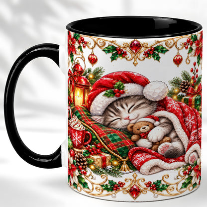 #pl[11oz|Black] Christmas Cat Coffee Mug, Cozy Kitten Mug, Ceramic Cup