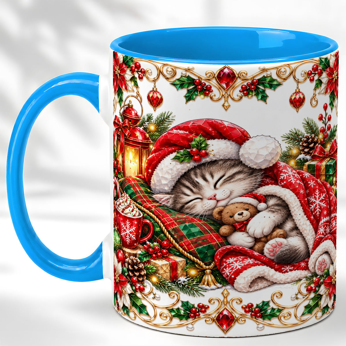 #pl[11oz|Blue] Christmas Cat Coffee Mug, Cozy Kitten Mug, Ceramic Cup