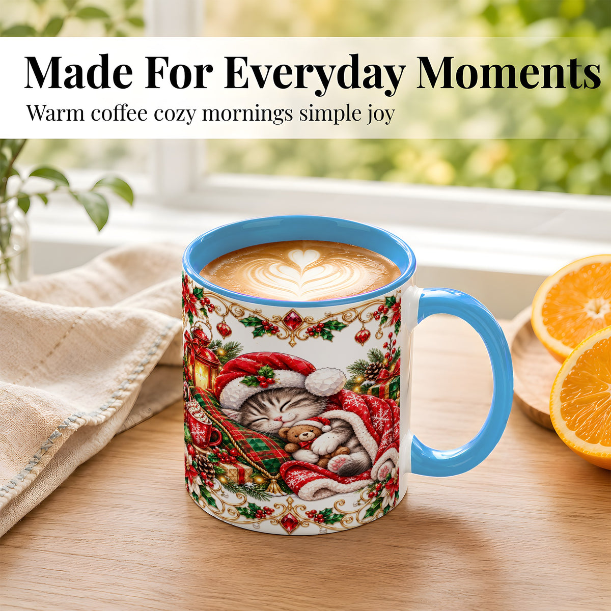 #pl[11oz|Blue] Christmas Cat Coffee Mug, Cozy Kitten Mug, Ceramic Cup
