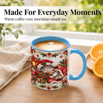 #pl[11oz|Blue] Christmas Cat Coffee Mug, Cozy Kitten Mug, Ceramic Cup