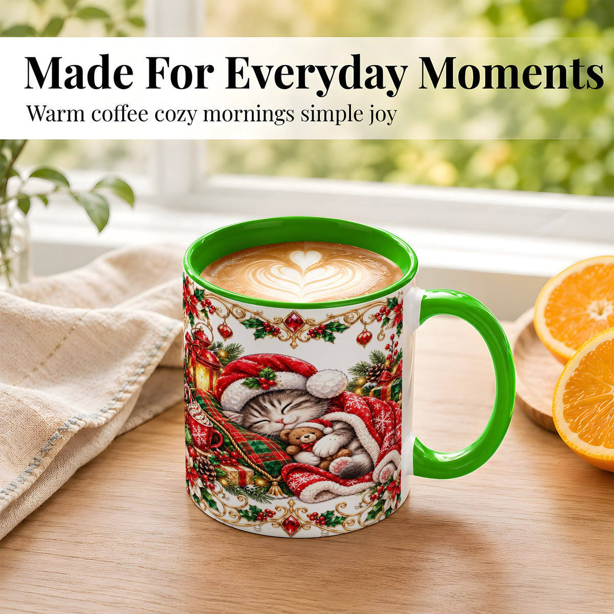 #pl[11oz|Green] Christmas Cat Coffee Mug, Cozy Kitten Mug, Ceramic Cup