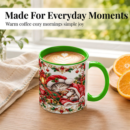 #pl[11oz|Green] Christmas Cat Coffee Mug, Cozy Kitten Mug, Ceramic Cup