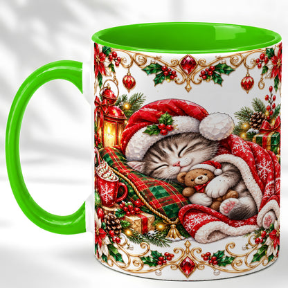 #pl[11oz|Green] Christmas Cat Coffee Mug, Cozy Kitten Mug, Ceramic Cup