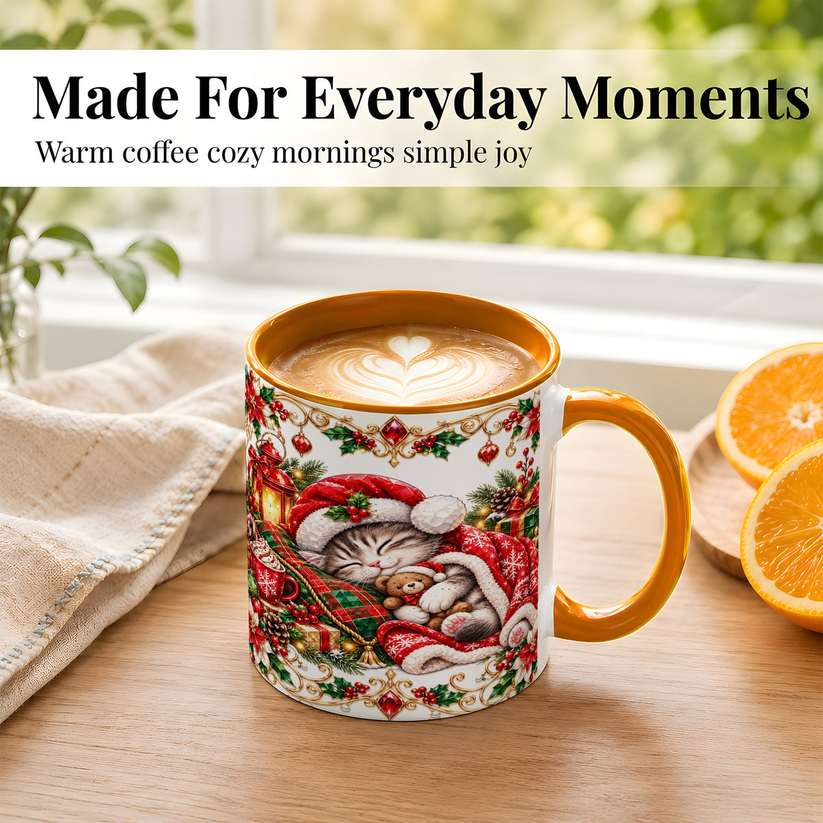 #pl[11oz|Orange] Christmas Cat Coffee Mug, Cozy Kitten Mug, Ceramic Cup