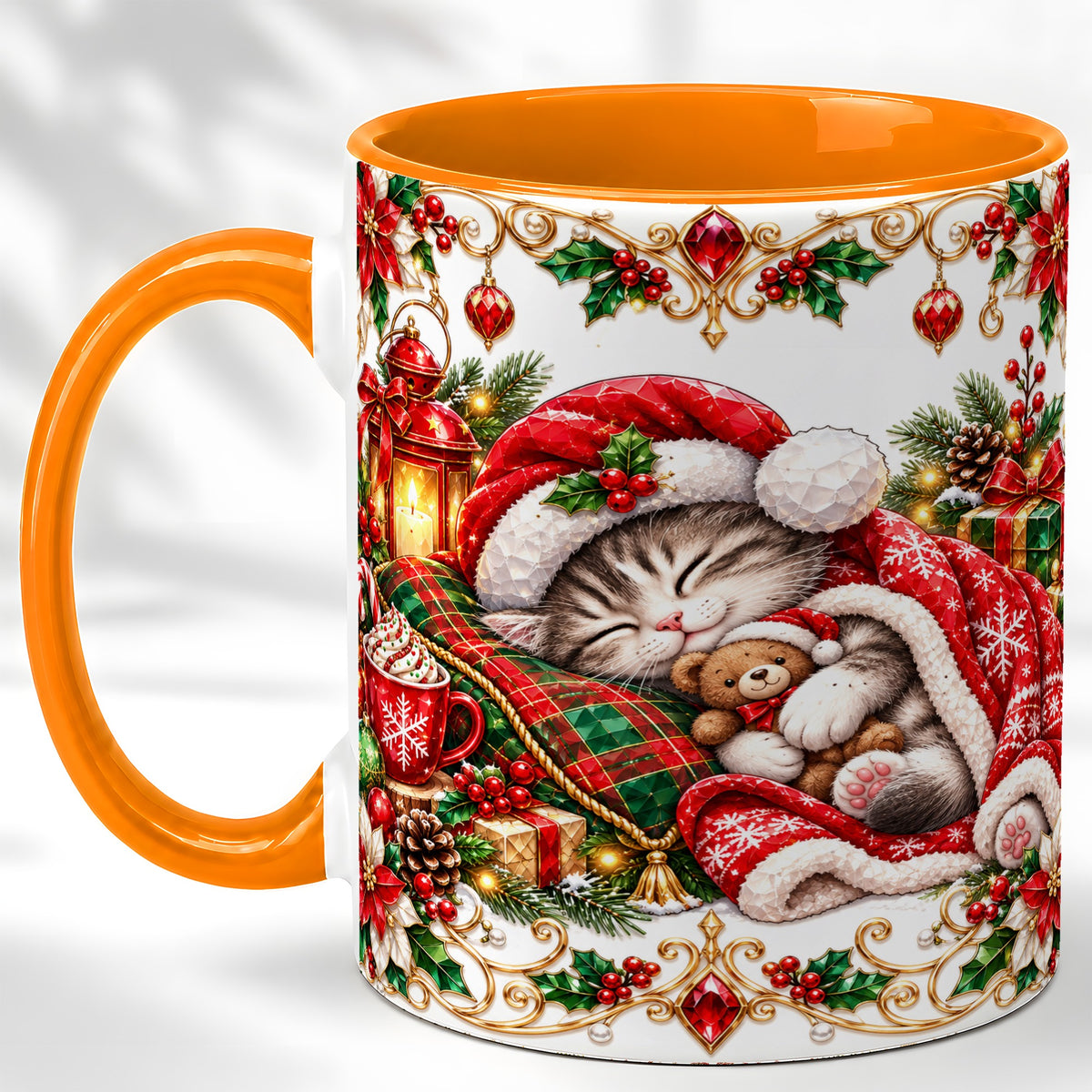 #pl[11oz|Orange] Christmas Cat Coffee Mug, Cozy Kitten Mug, Ceramic Cup