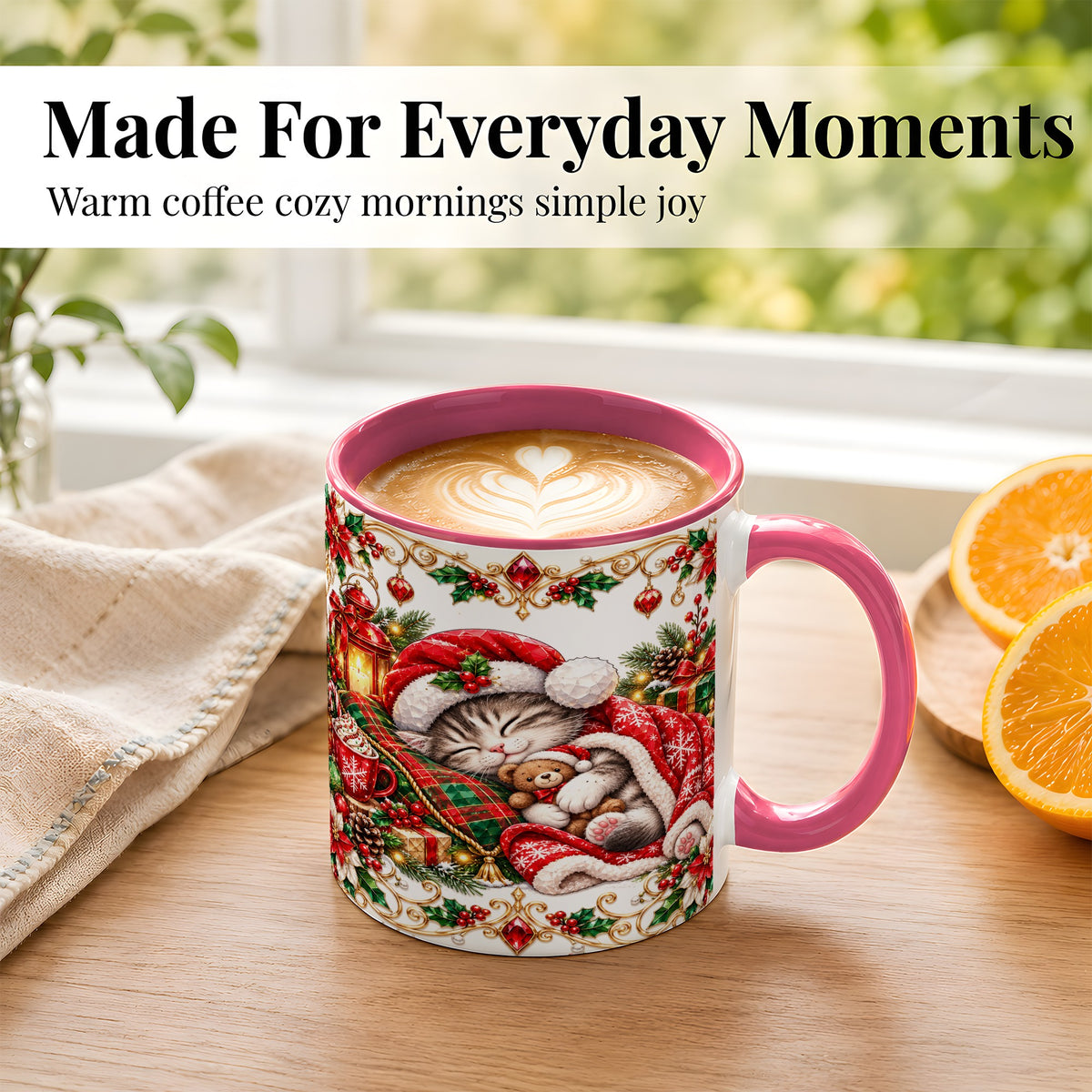 #pl[11oz|Pink] Christmas Cat Coffee Mug, Cozy Kitten Mug, Ceramic Cup