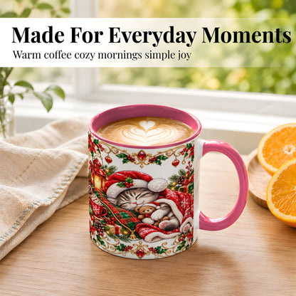#pl[11oz|Pink] Christmas Cat Coffee Mug, Cozy Kitten Mug, Ceramic Cup