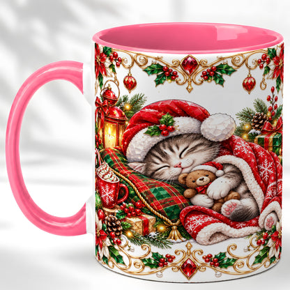 #pl[11oz|Pink] Christmas Cat Coffee Mug, Cozy Kitten Mug, Ceramic Cup