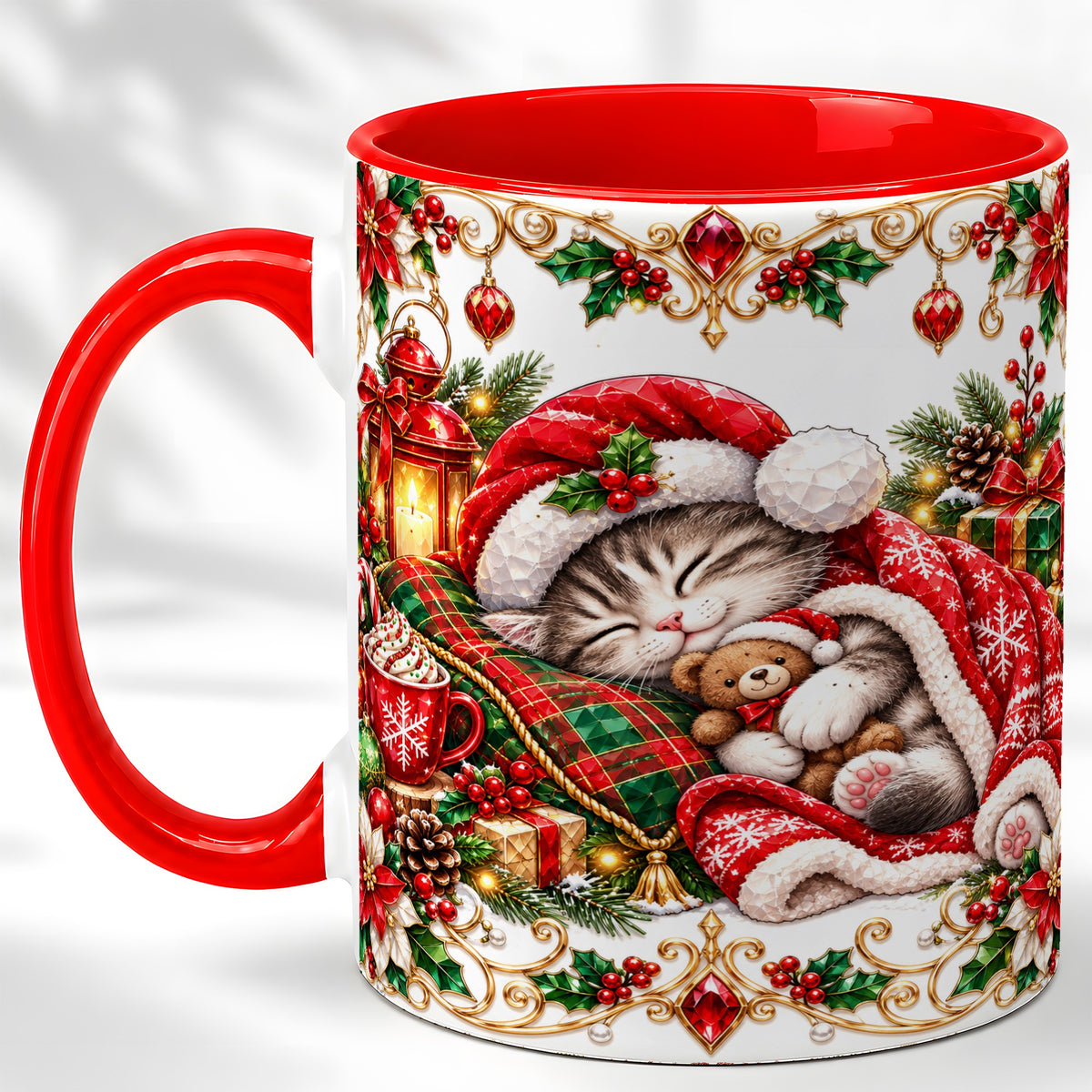 Christmas Cat Coffee Mug, Cozy Kitten Mug, Ceramic Cup