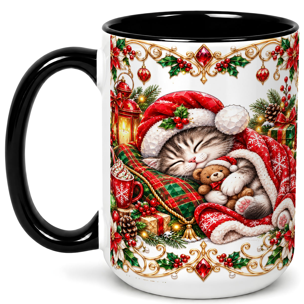 #pl[15oz|Black] Christmas Cat Coffee Mug, Cozy Kitten Mug, Ceramic Cup