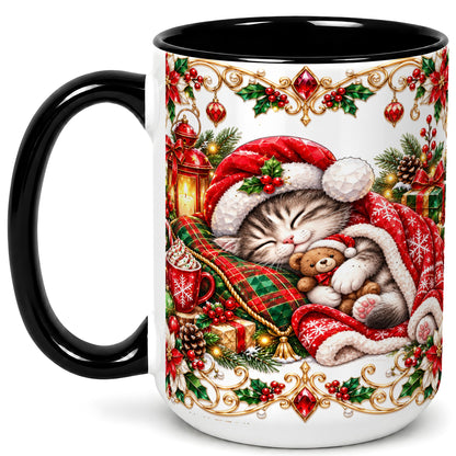#pl[15oz|Black] Christmas Cat Coffee Mug, Cozy Kitten Mug, Ceramic Cup
