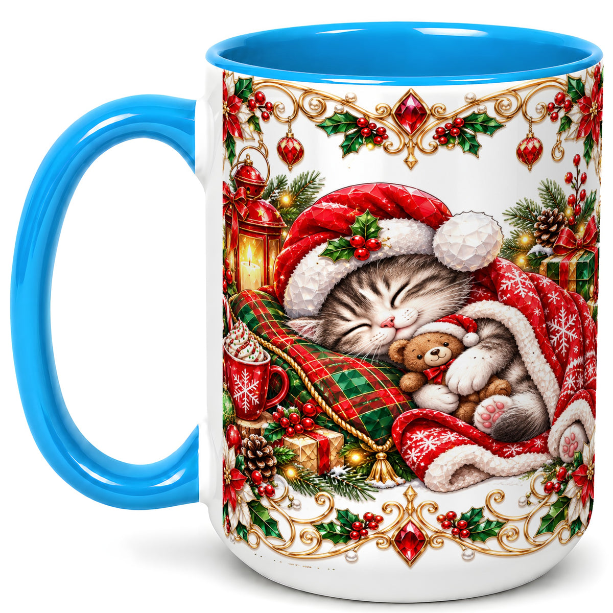 #pl[15oz|Blue] Christmas Cat Coffee Mug, Cozy Kitten Mug, Ceramic Cup