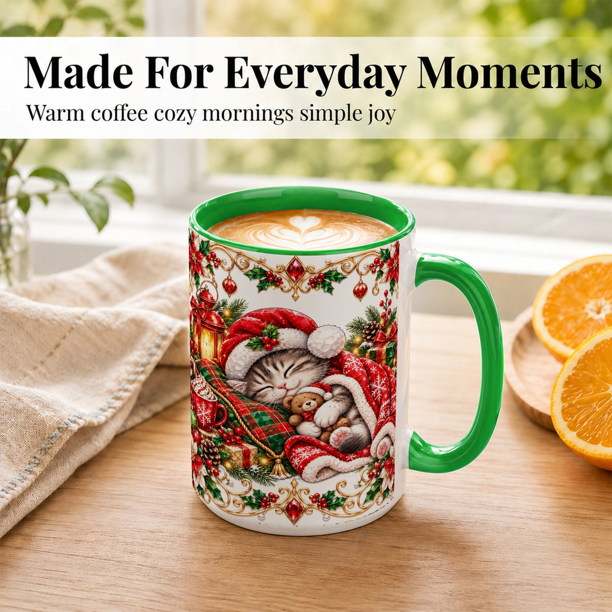 #pl[15oz|Green] Christmas Cat Coffee Mug, Cozy Kitten Mug, Ceramic Cup