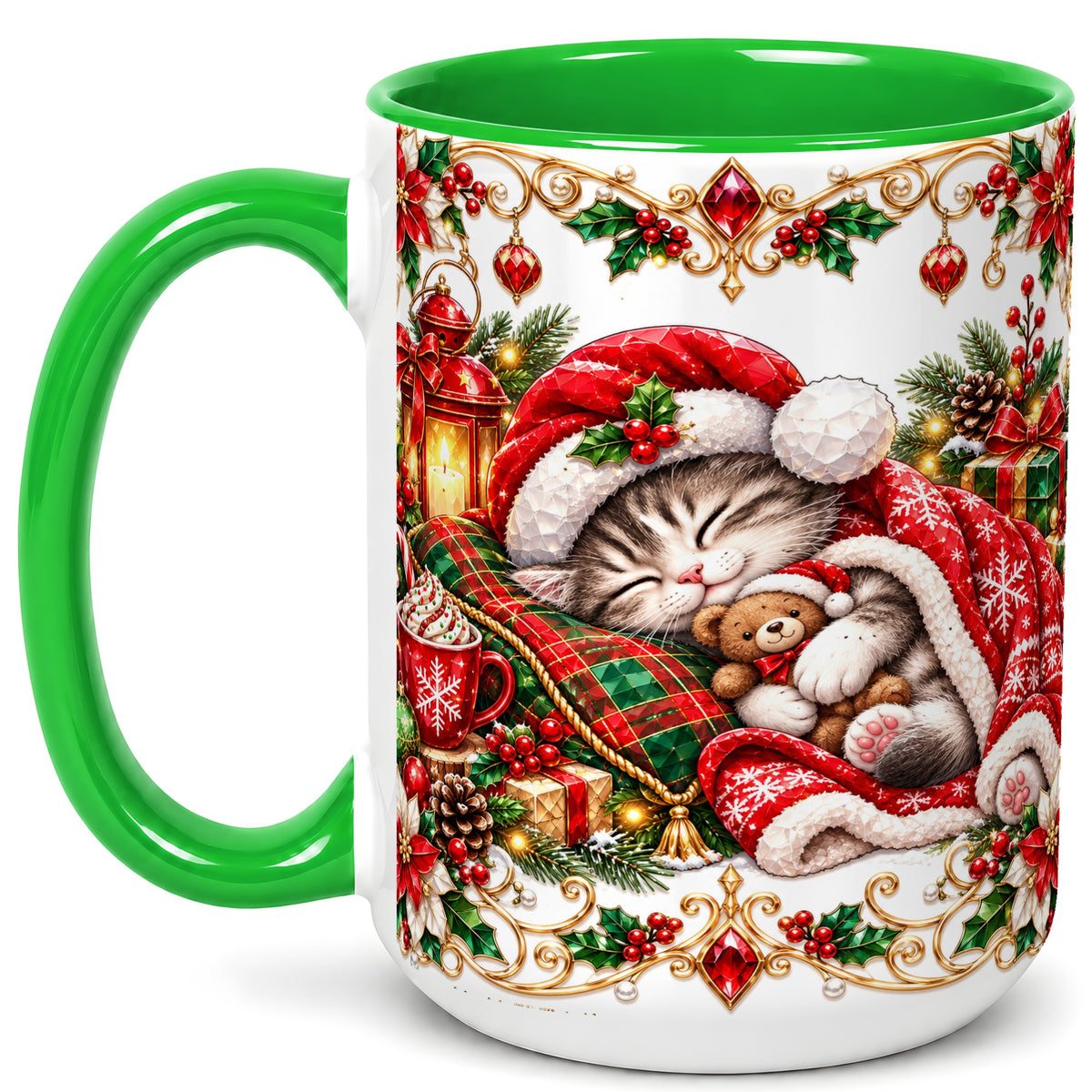 #pl[15oz|Green] Christmas Cat Coffee Mug, Cozy Kitten Mug, Ceramic Cup