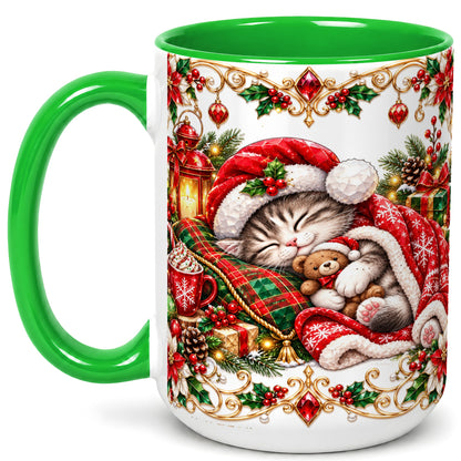 #pl[15oz|Green] Christmas Cat Coffee Mug, Cozy Kitten Mug, Ceramic Cup