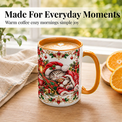 #pl[15oz|Orange] Christmas Cat Coffee Mug, Cozy Kitten Mug, Ceramic Cup