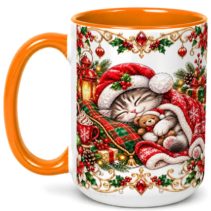#pl[15oz|Orange] Christmas Cat Coffee Mug, Cozy Kitten Mug, Ceramic Cup