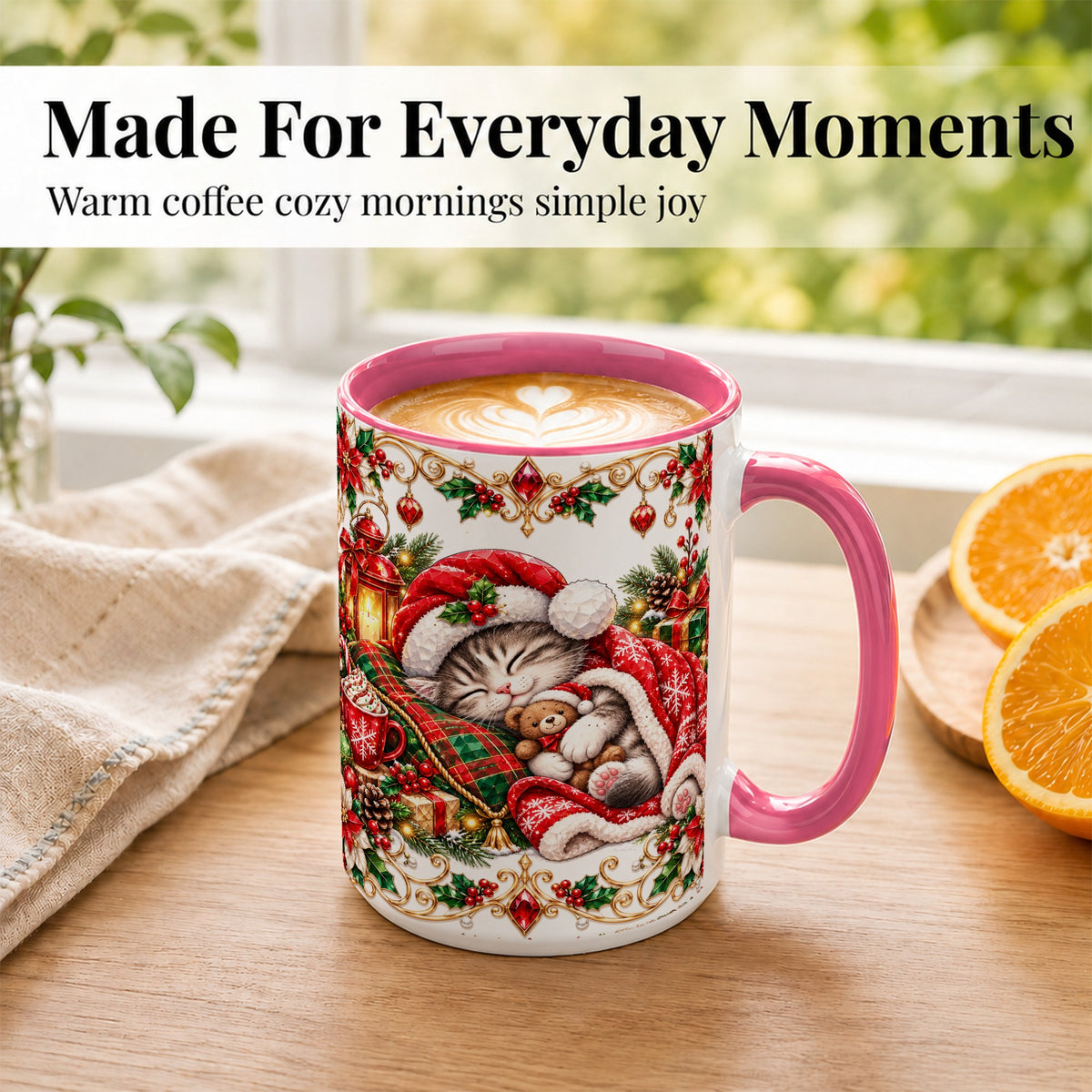 #pl[15oz|Pink] Christmas Cat Coffee Mug, Cozy Kitten Mug, Ceramic Cup
