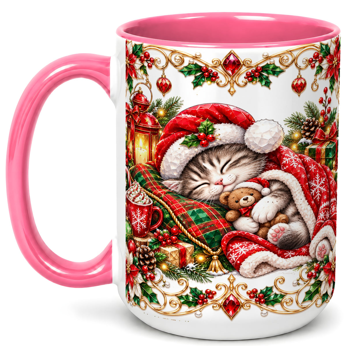 #pl[15oz|Pink] Christmas Cat Coffee Mug, Cozy Kitten Mug, Ceramic Cup