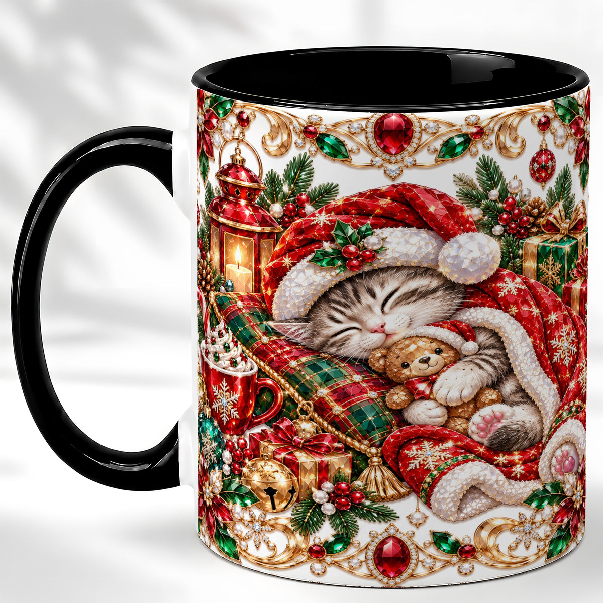 #pl[11oz|Black] Ornate Christmas Cat Coffee Mug, Festive Kitten Mug, Ceramic Cup
