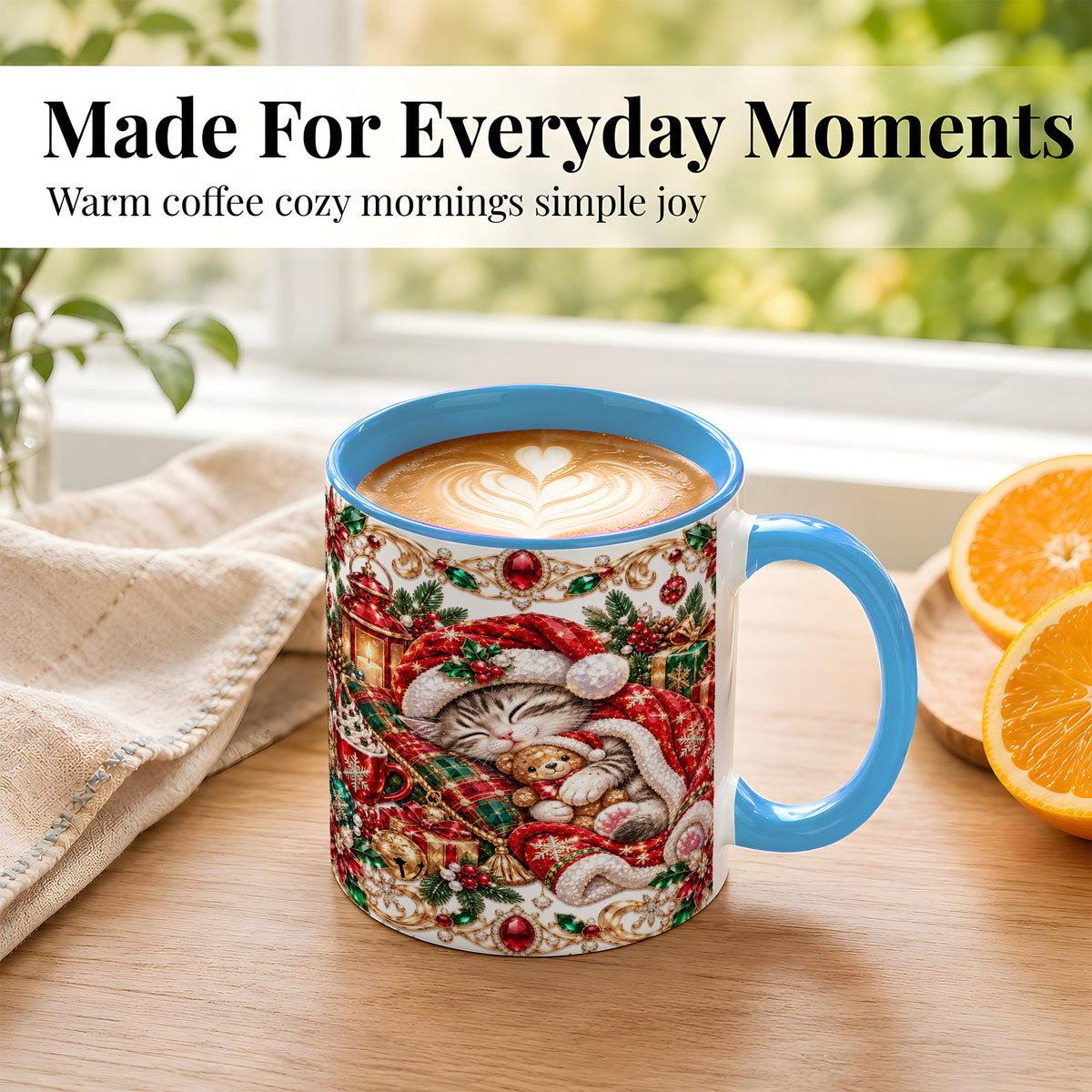 #pl[11oz|Blue] Ornate Christmas Cat Coffee Mug, Festive Kitten Mug, Ceramic Cup