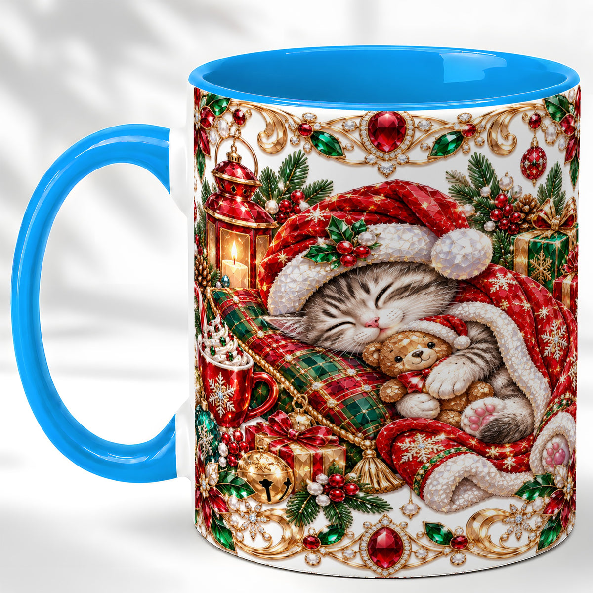 #pl[11oz|Blue] Ornate Christmas Cat Coffee Mug, Festive Kitten Mug, Ceramic Cup