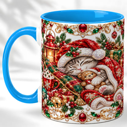 #pl[11oz|Blue] Ornate Christmas Cat Coffee Mug, Festive Kitten Mug, Ceramic Cup