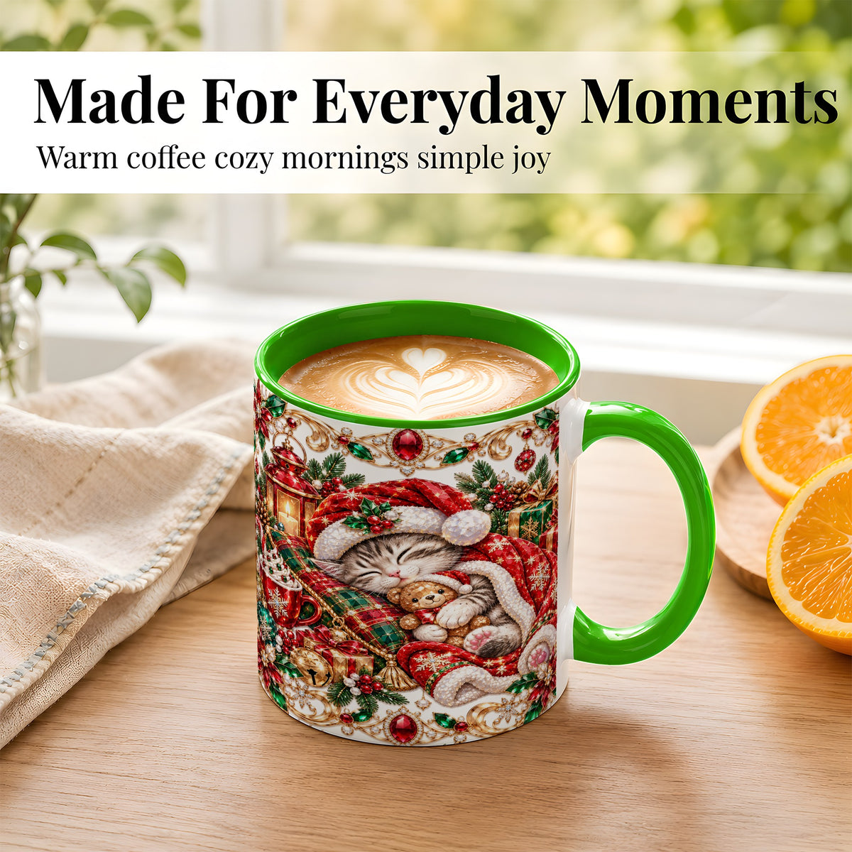 #pl[11oz|Green] Ornate Christmas Cat Coffee Mug, Festive Kitten Mug, Ceramic Cup